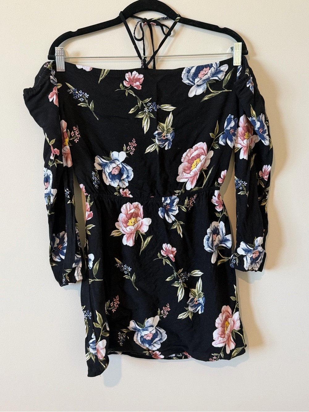 Kendall & Kylie Black Off-Shoulder Mini Dress with Pink & Blue Floral Print